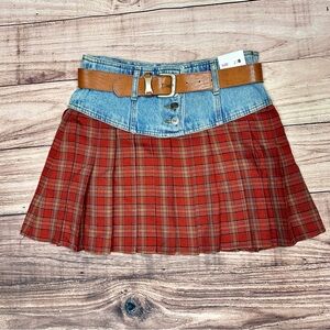 NWT American Vintage Red Plaid Mini Skirt with Denim Waist